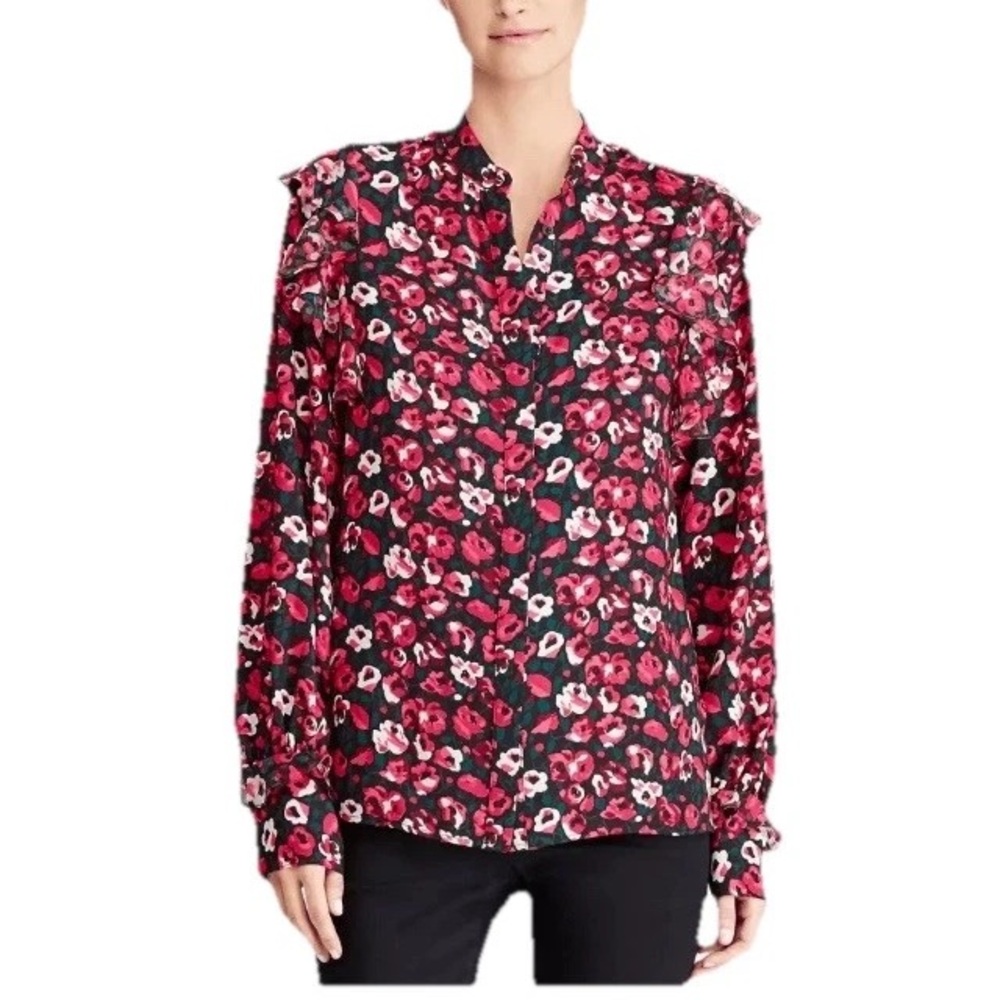 RALPH LAUREN Floral Ruffle Button Long Sleeve Blouse M Career Classic Timeless